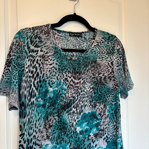 Vintage Teal and Grey Floral Leopard Print Top Size M - Picture 2 of 7